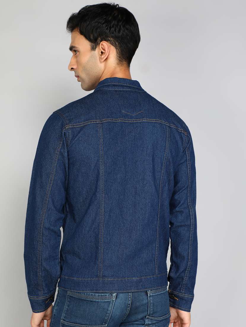 men solid dark blue denim casual jacket - 20388714 -  Standard Image - 1