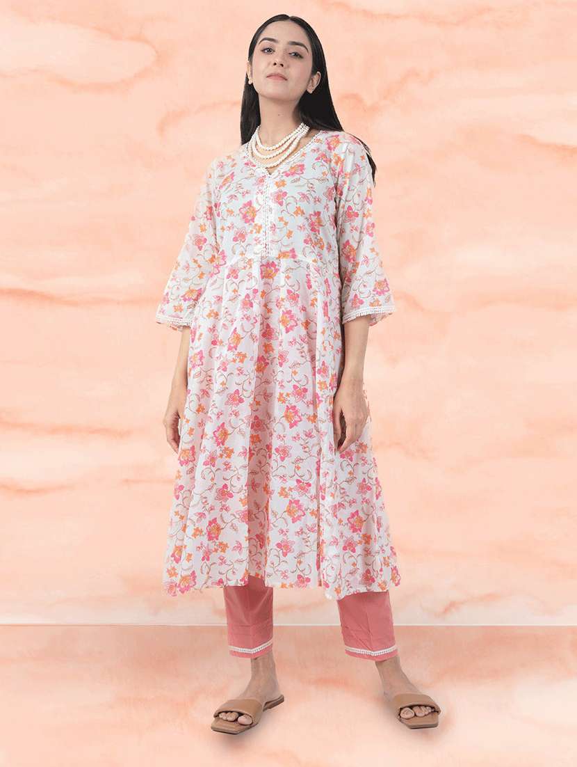 women white v-neck kurta pant set