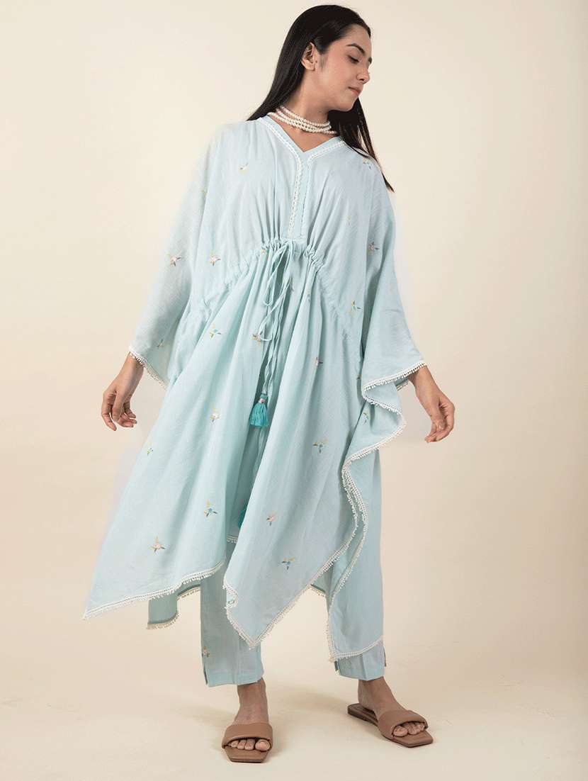 women light blue v-neck kurta kaftan set