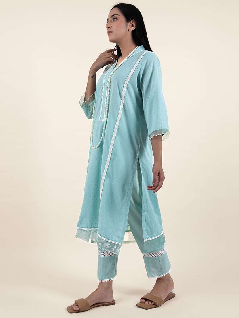 women light blue v-neck kurta pant set - 20388863 - Standard Image - 1