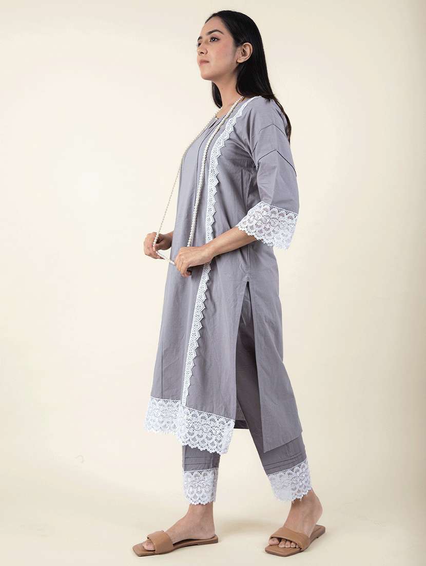 women grey key hole neck kurta pant set - 20388867 -  Standard Image - 1