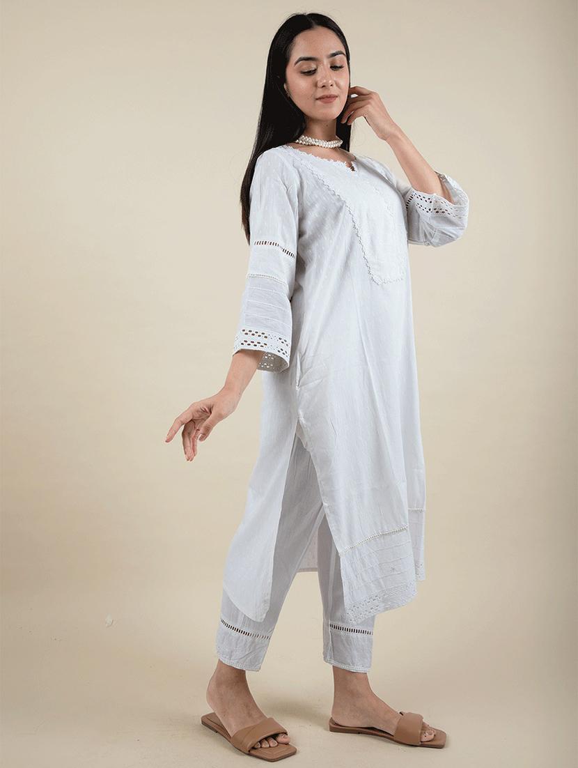 women white notch neck kurta pant set - 20388870 - Standard Image - 1