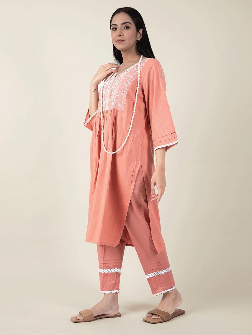 women peach sweetheart neck kurta pant set - 20388877 - Standard Image - 1