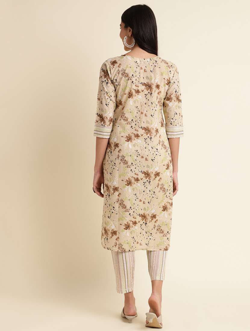 women beige round neck kurta pant set - 20388939 -  Standard Image - 1