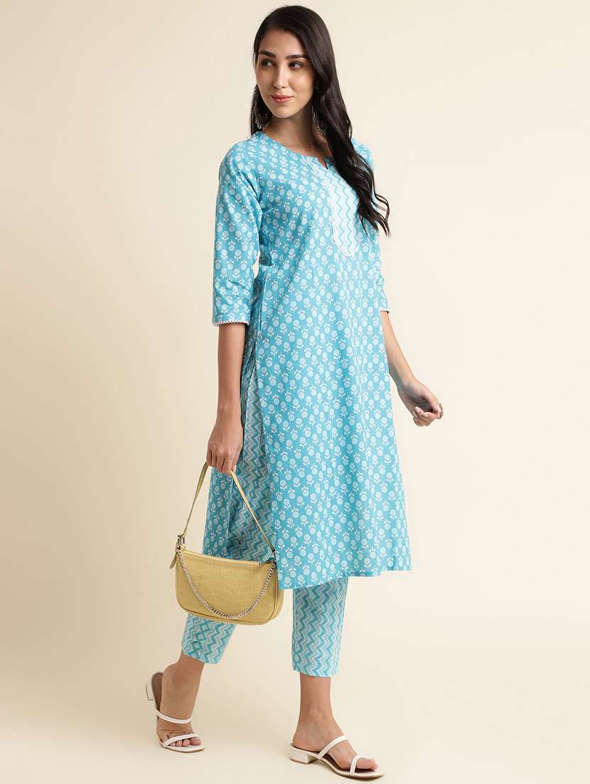 women light blue notch neck kurta pant set