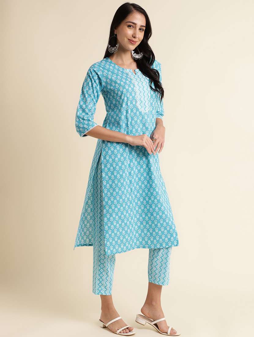 women light blue notch neck kurta pant set - 20388940 -  Standard Image - 1