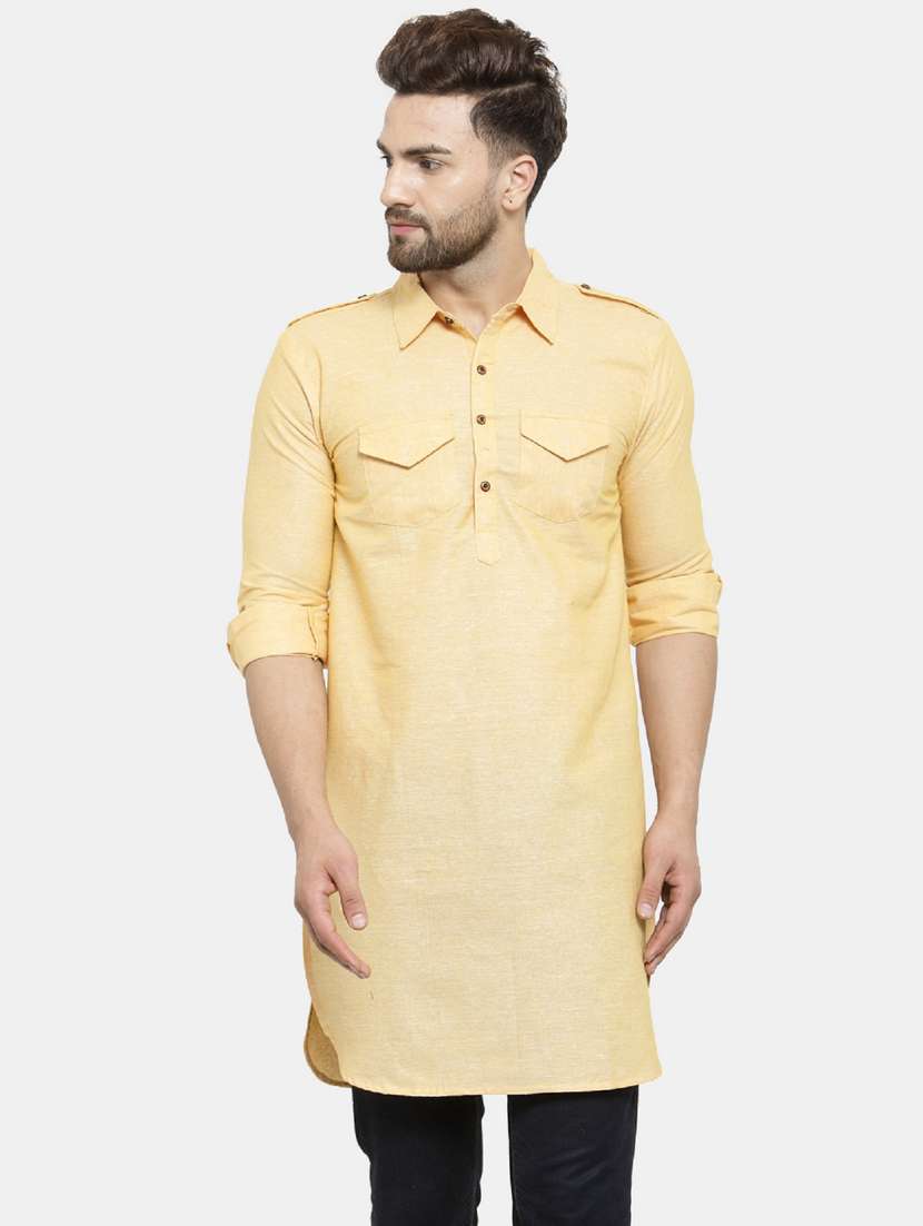 men lemon sherbet colored solid cotton pathani kurta