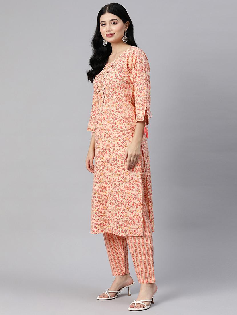 women peach round neck kurta pant set with dupatta - 20389786 - Standard Image - 1