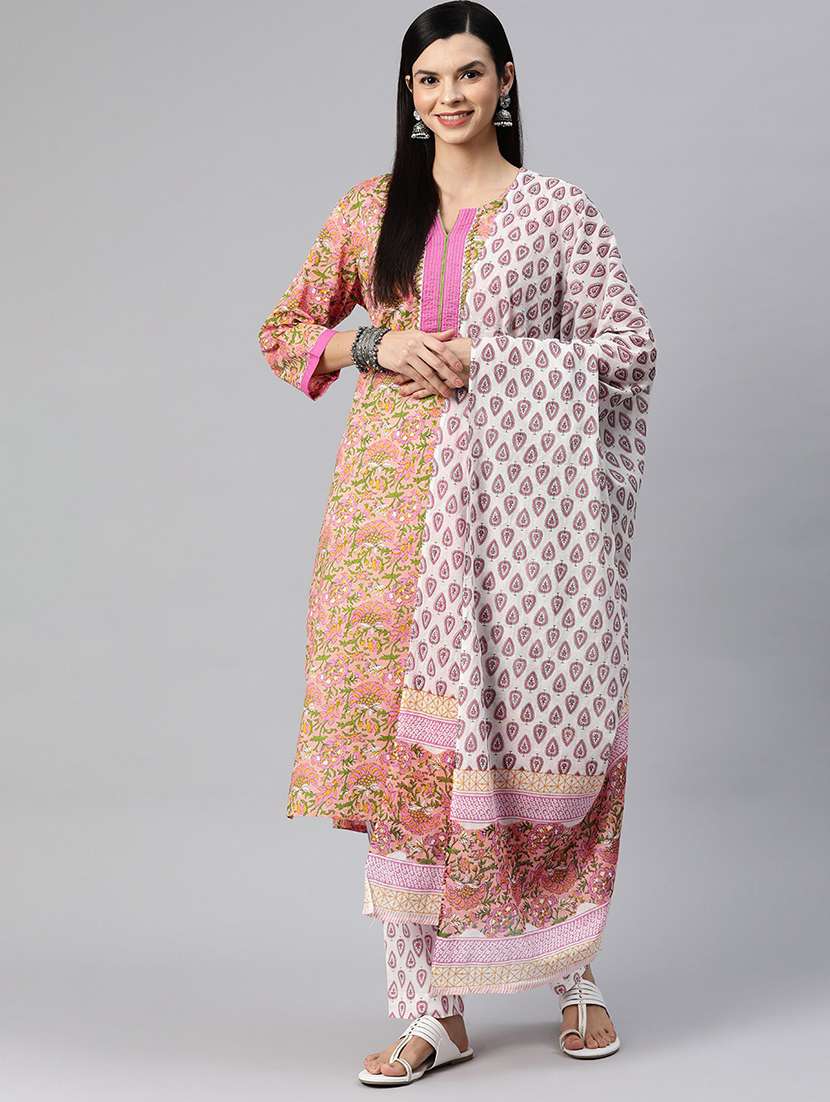 women three quarter sleeve kurta pant with dupatta set
