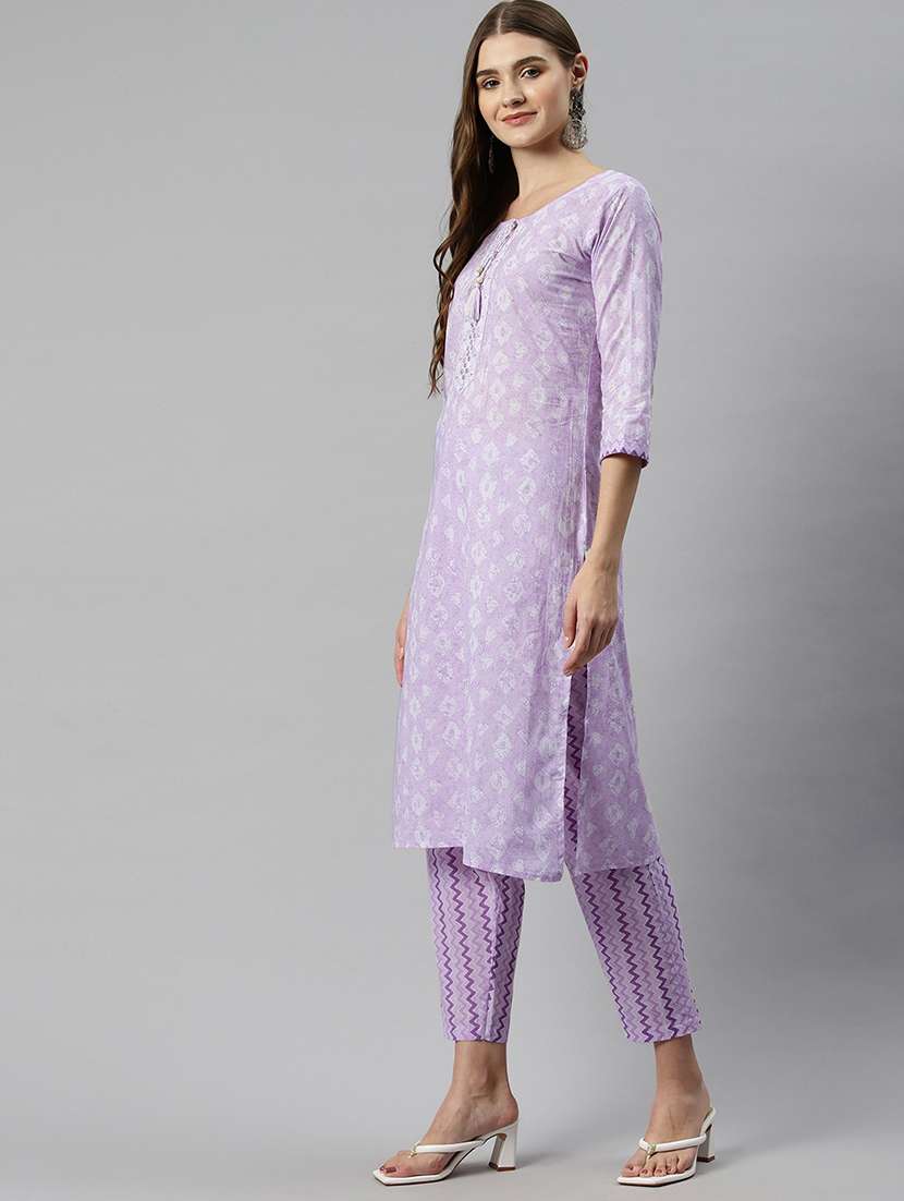 women lavender tie up neck kurta pant set with dupatta - 20389810 -  Standard Image - 1