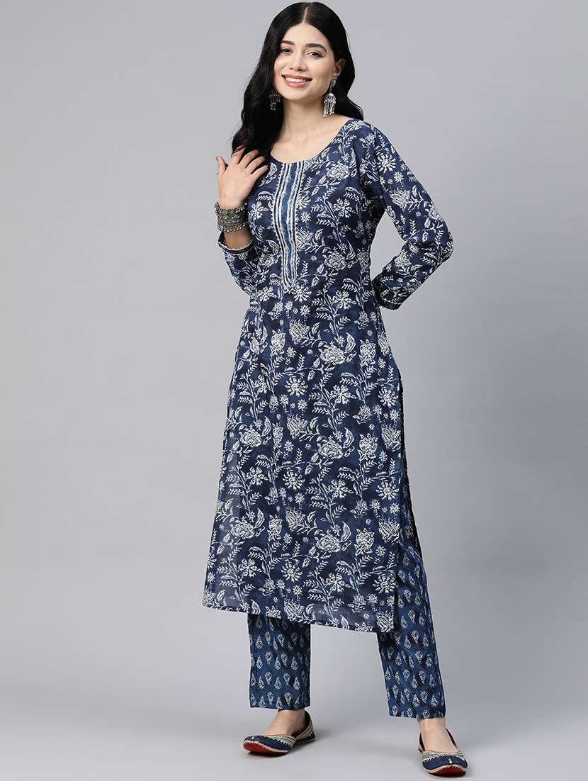 women navy blue round neck kurta pant set
