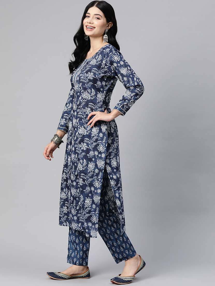 women navy blue round neck kurta pant set - 20389815 -  Standard Image - 1