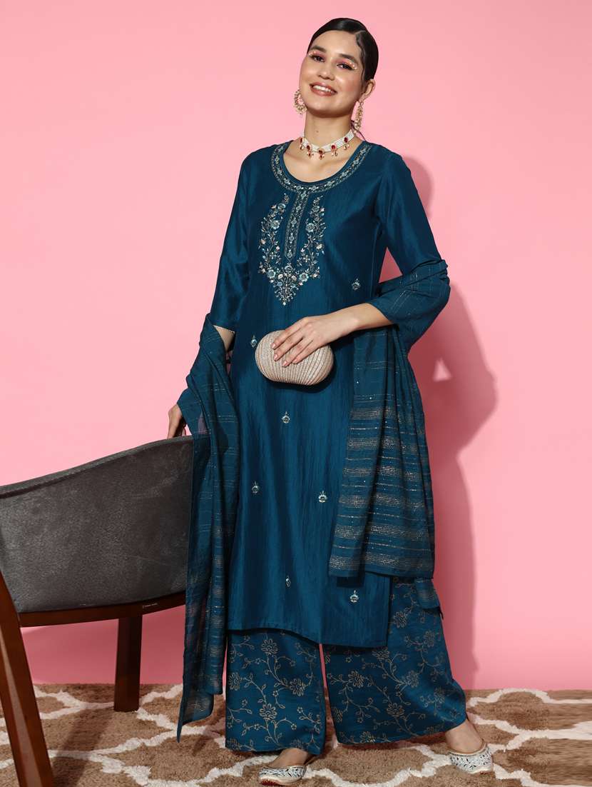 women blue kurta palazzo set with dupatta