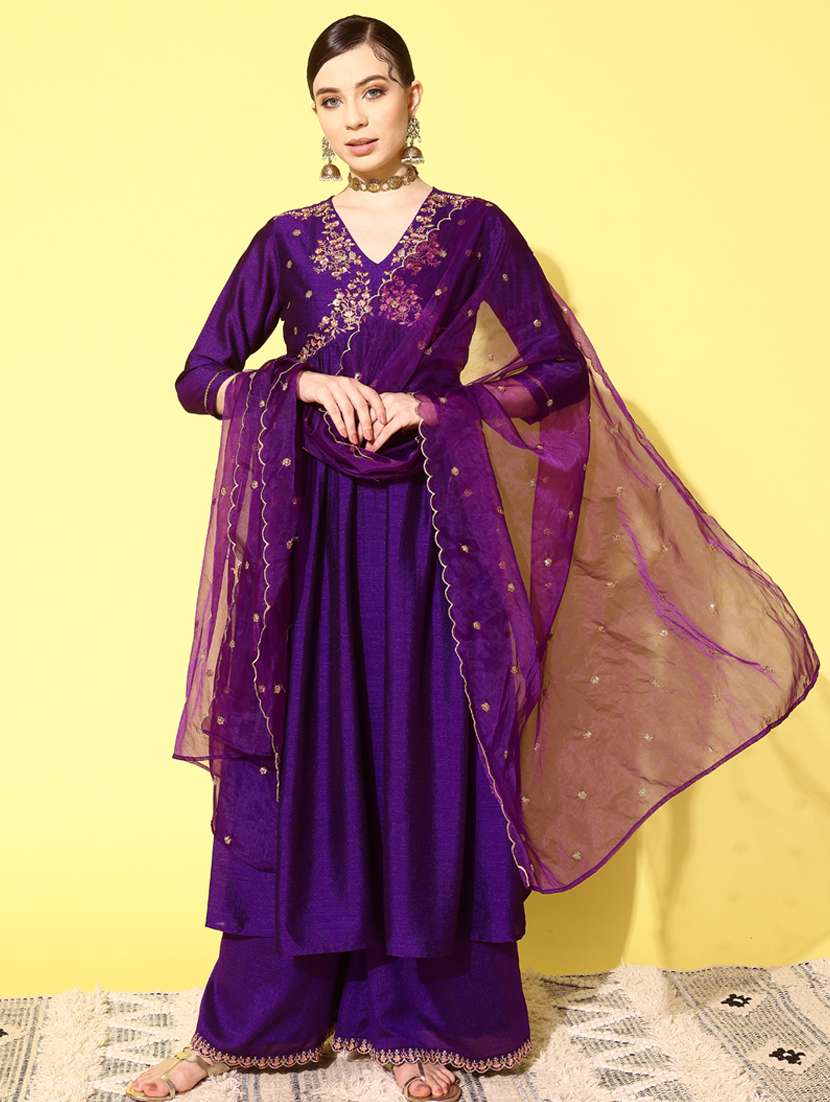 women purple kurta palazzo set with dupatta