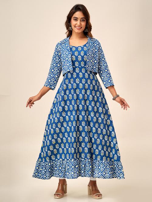 women blue round neck kurta with jacket - 20390200 -  Standard Image - 0