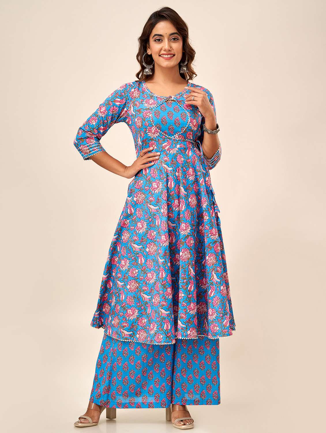 women blue round neck angrakha kurta
