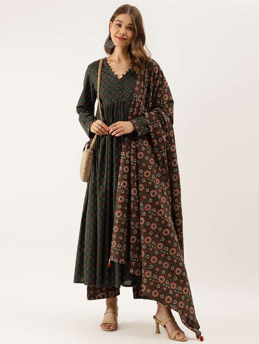 women green long sleeve kurta palazzo with dupatta set