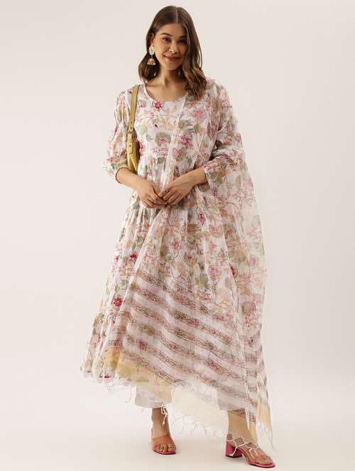 white floral printed cotton anarkali kurta set with kota doria dupatta - 20390413 -  Standard Image - 0