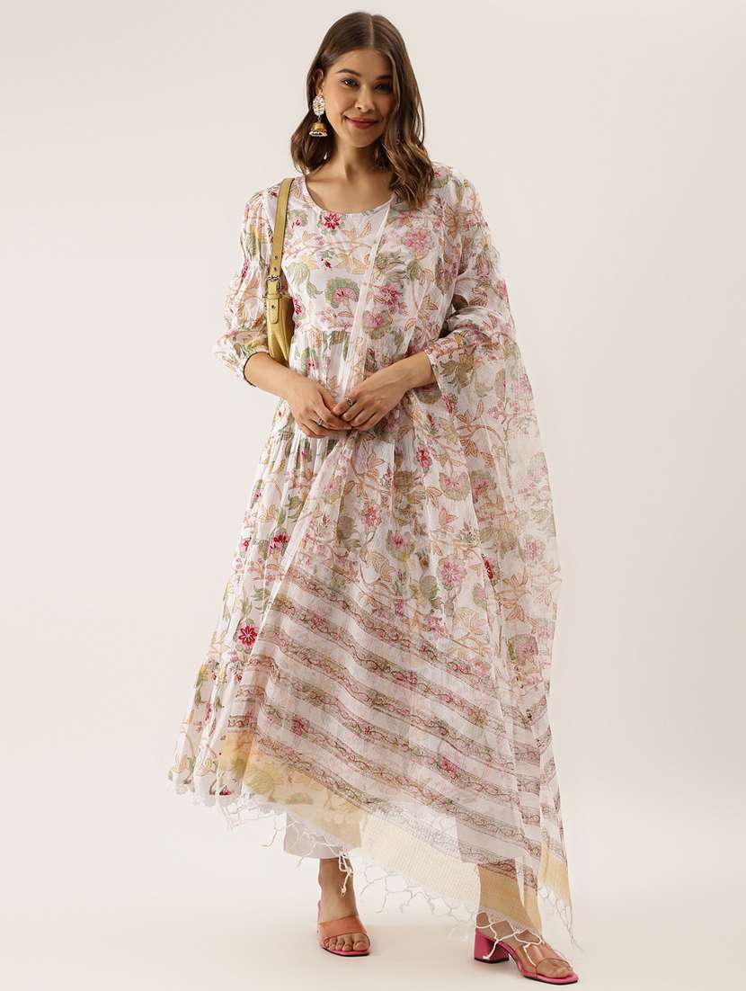 white floral printed cotton anarkali kurta set with kota doria dupatta