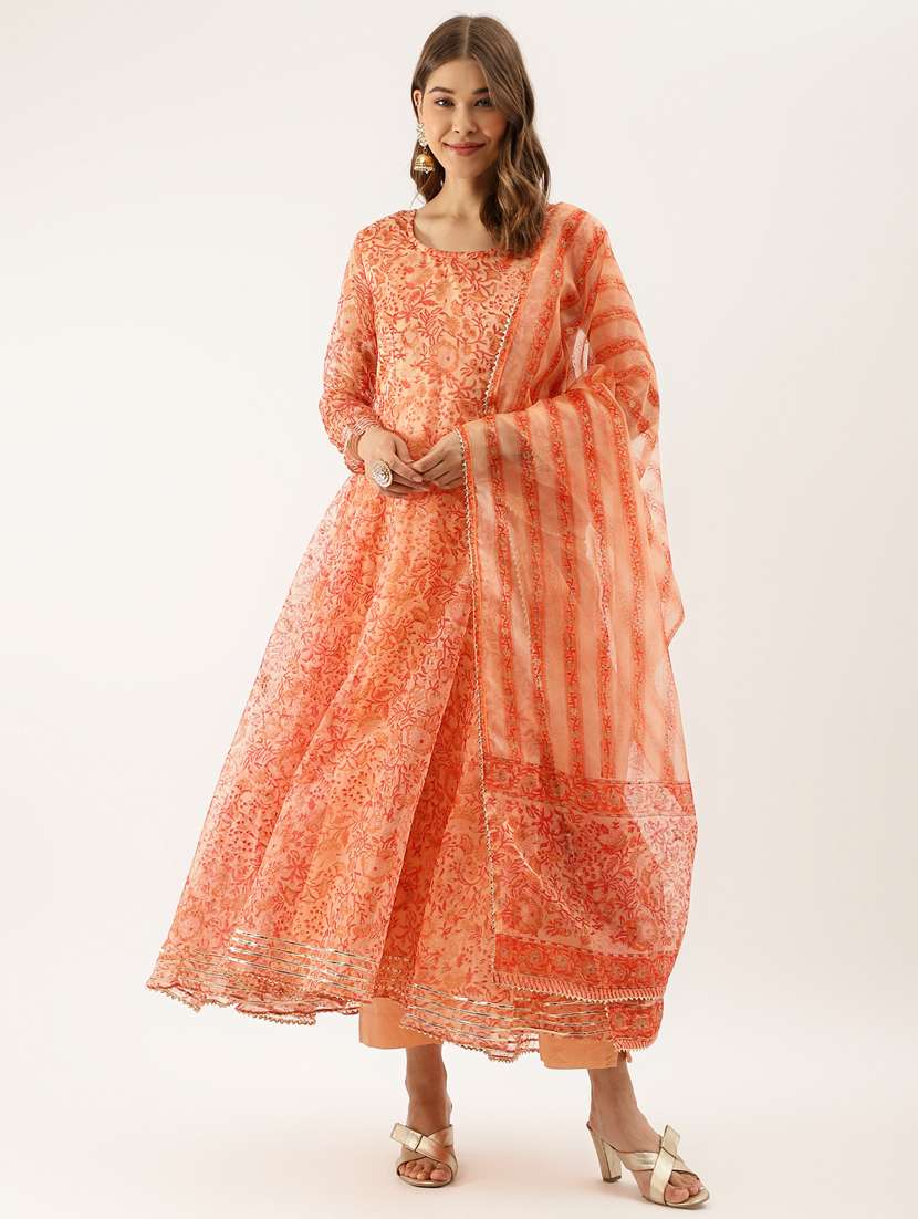 women orange floral print organza anarkali kurta set with dupatta
