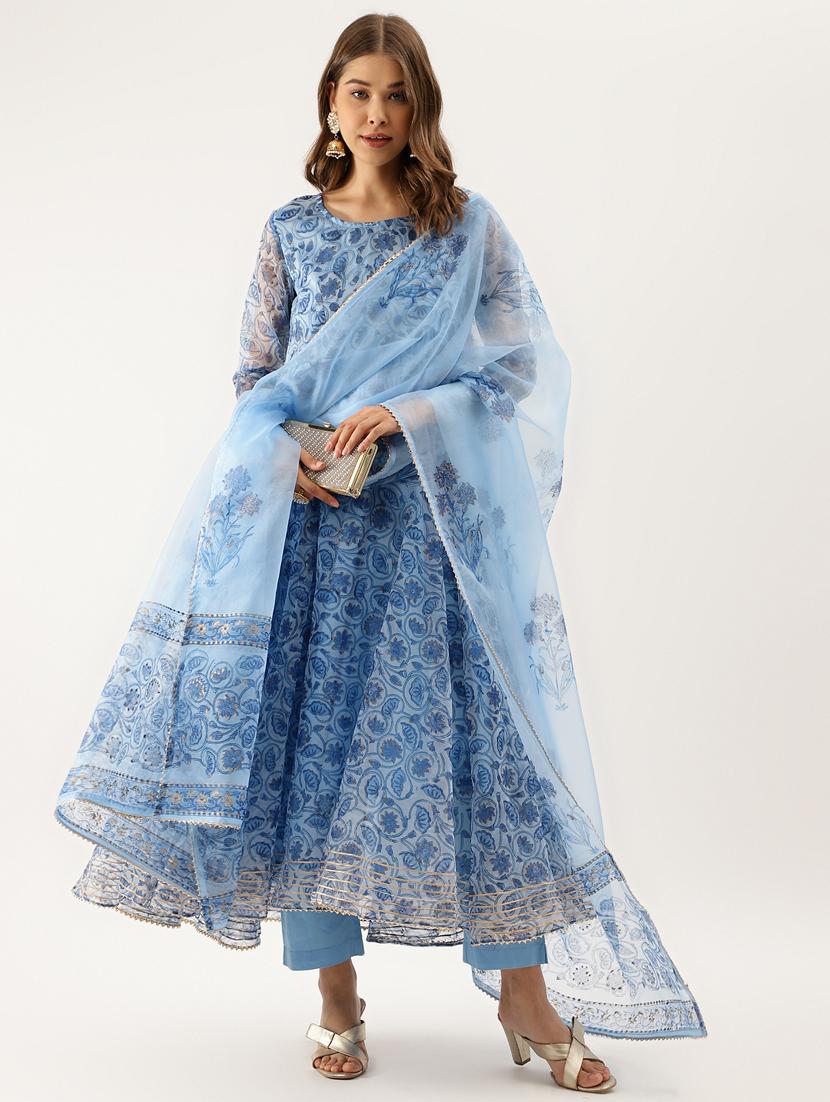women light blue long sleeve kurta pant with dupatta set - 20390416 - Standard Image - 1