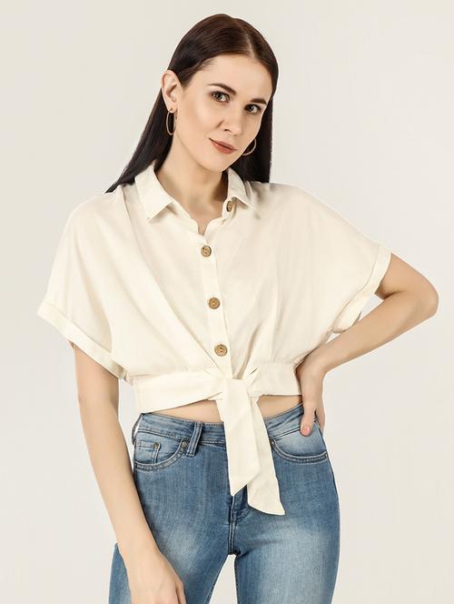 white solid crop shirt - 20390433 -  Standard Image - 0