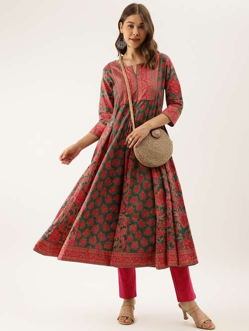 women green floral notch neck anarkali kurta - 20390475 - Standard Image - 0