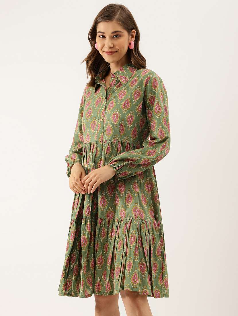 women olive printed long sleeve tiered dress - 20390532 - Standard Image - 1