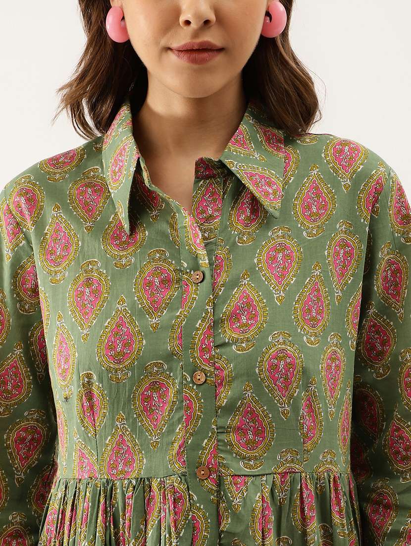 women olive printed long sleeve tiered dress - 20390532 - Standard Image - 4
