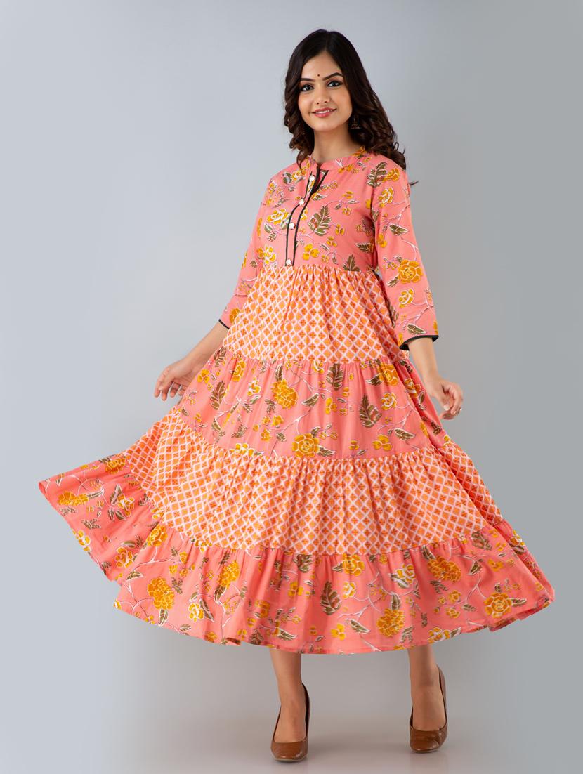 peach floral ethnic dress - 20390652 - Standard Image - 1