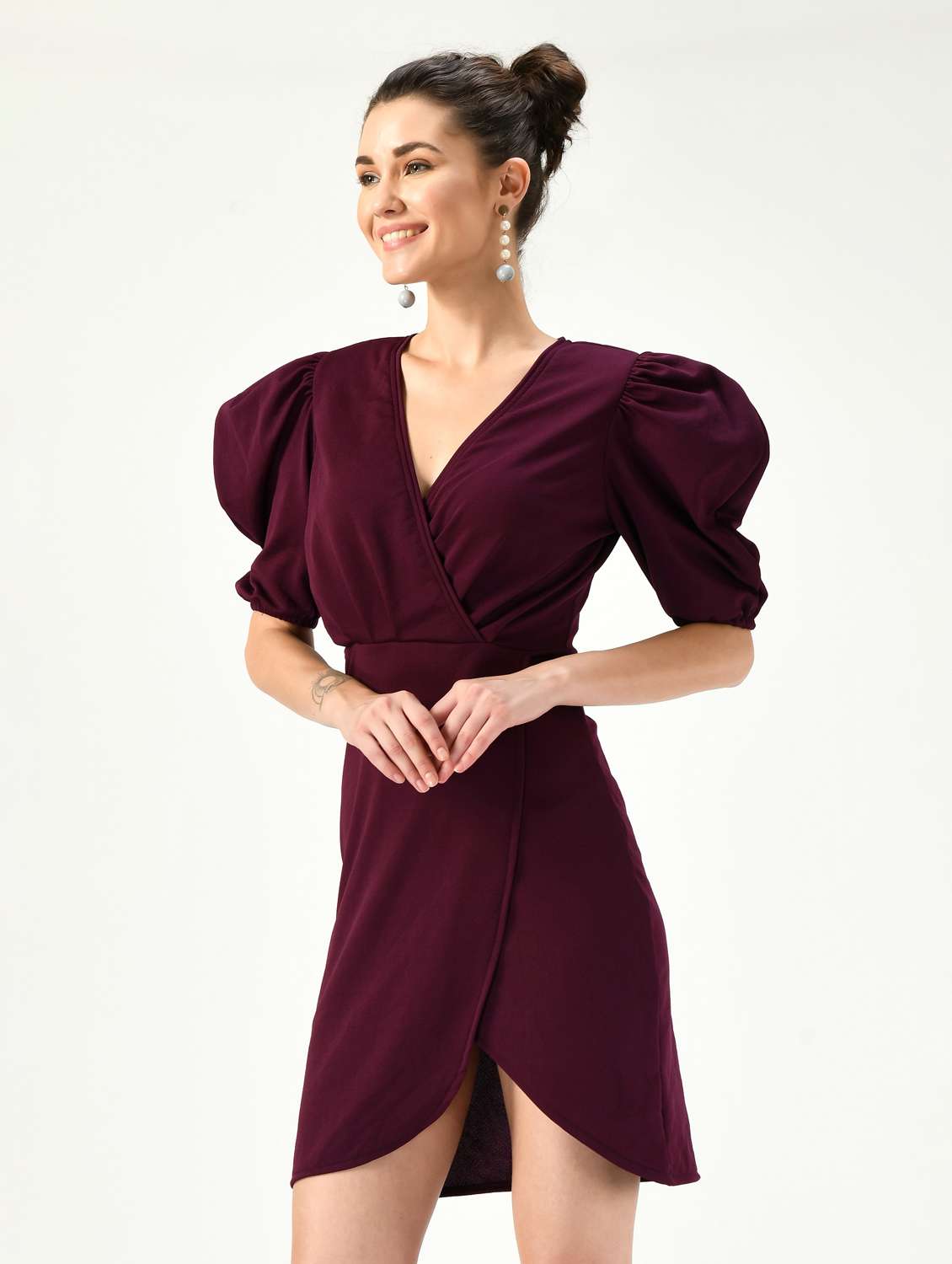 purple solid puff sleeves bodycon dress - 20393897 -  Standard Image - 1