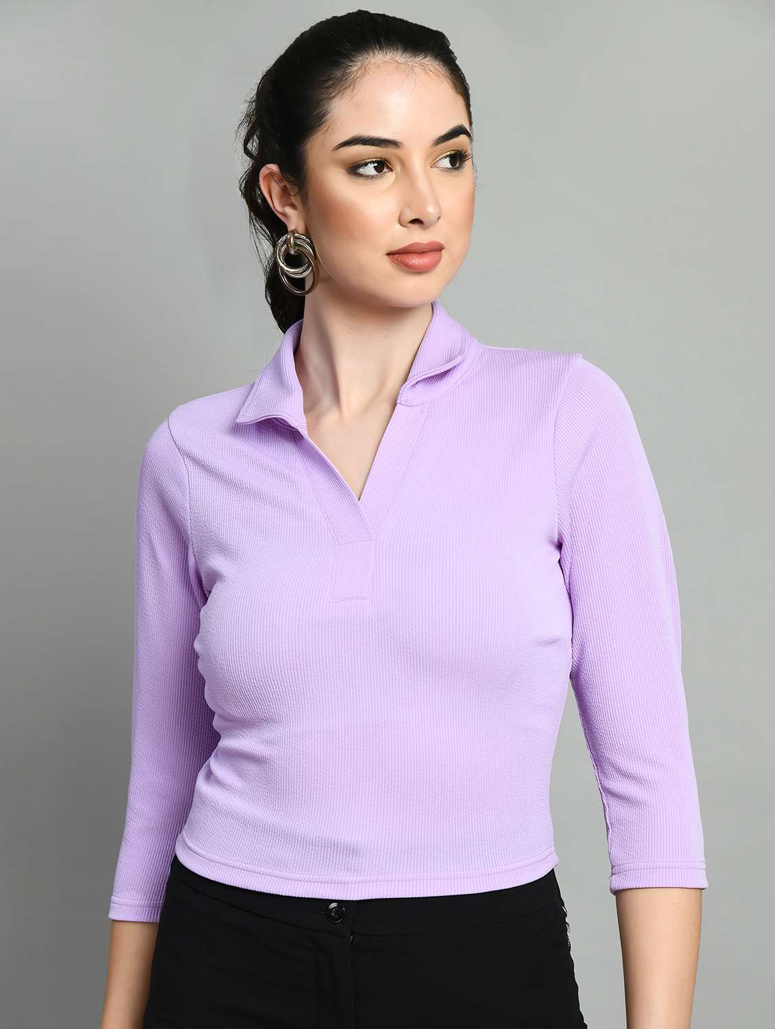 lavender solid polo neck crop top - 20394332 -  Standard Image - 1