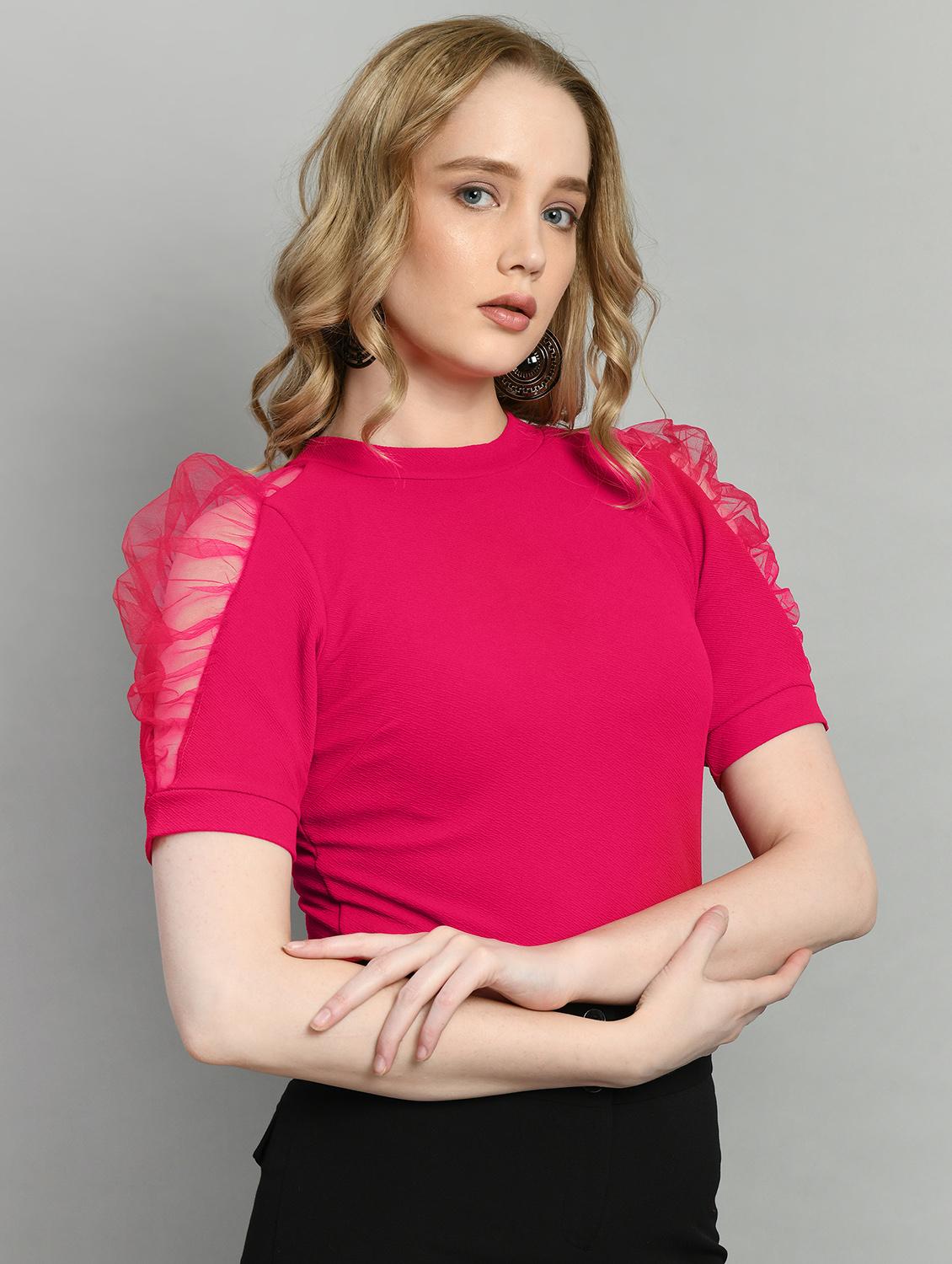 pink solid puff sleeves regular top - 20394429 - Standard Image - 1