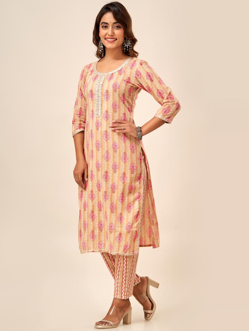 women peach round neck straight kurta - 20394870 -  Standard Image - 1