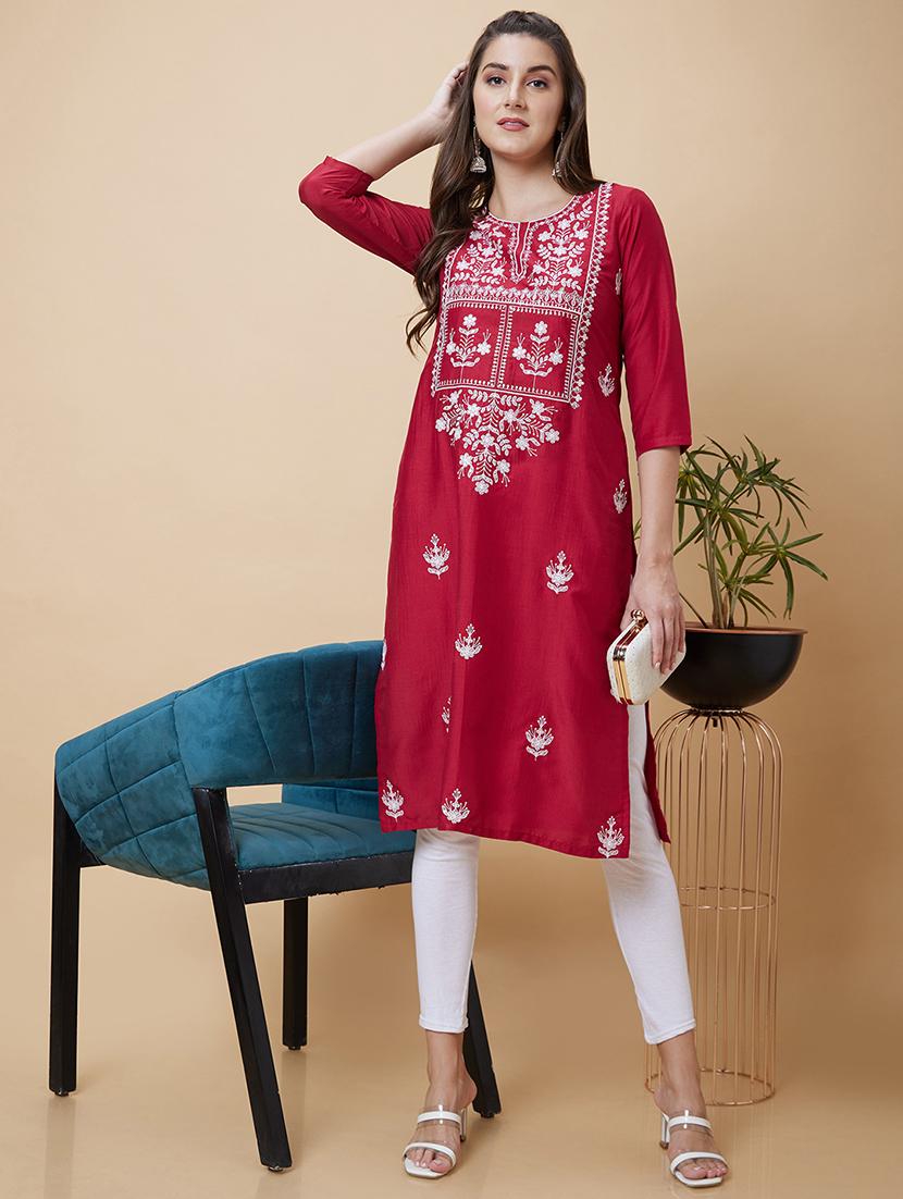 women maroon round neck straight kurta - 20394947 - Standard Image - 1