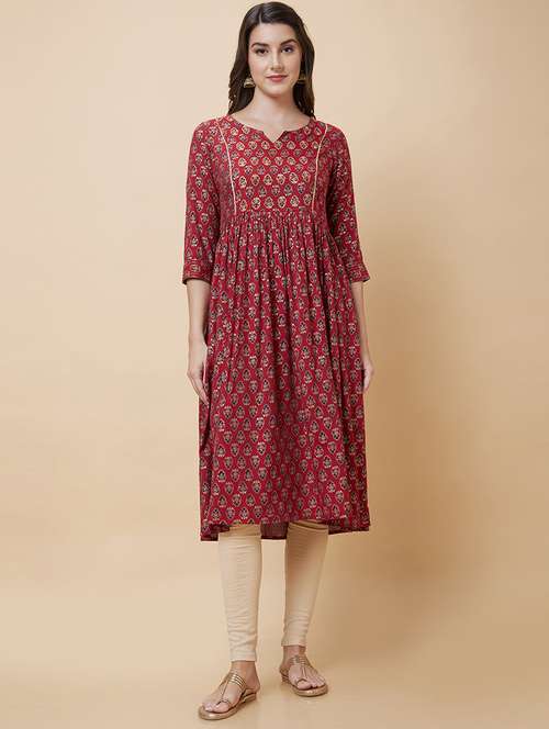 maroon foil printed a-line kurta - 20394954 - Standard Image - 0
