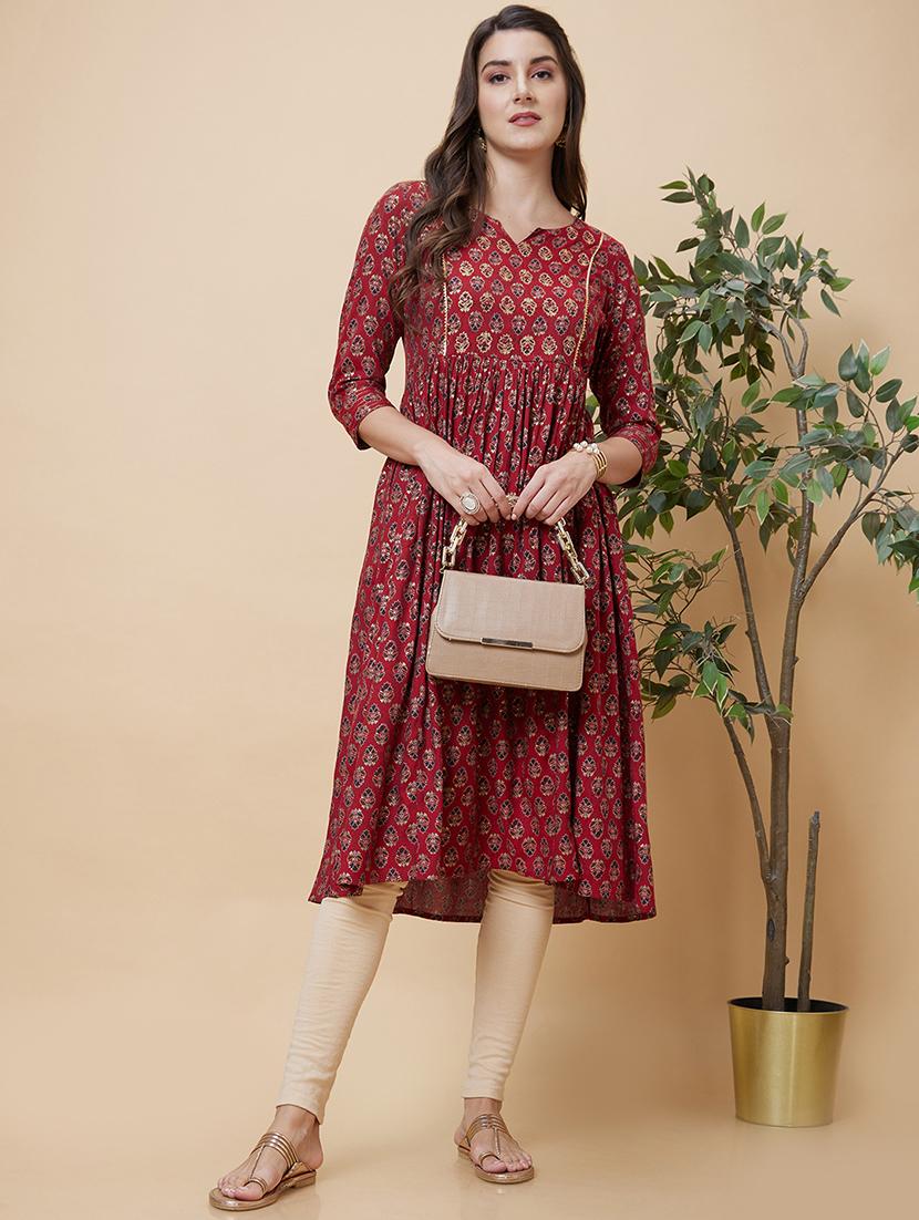 maroon foil printed a-line kurta - 20394954 -  Standard Image - 1