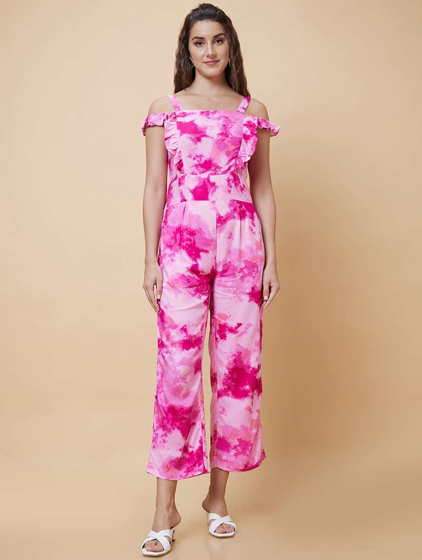 women pink square neck full leg jumpsuit