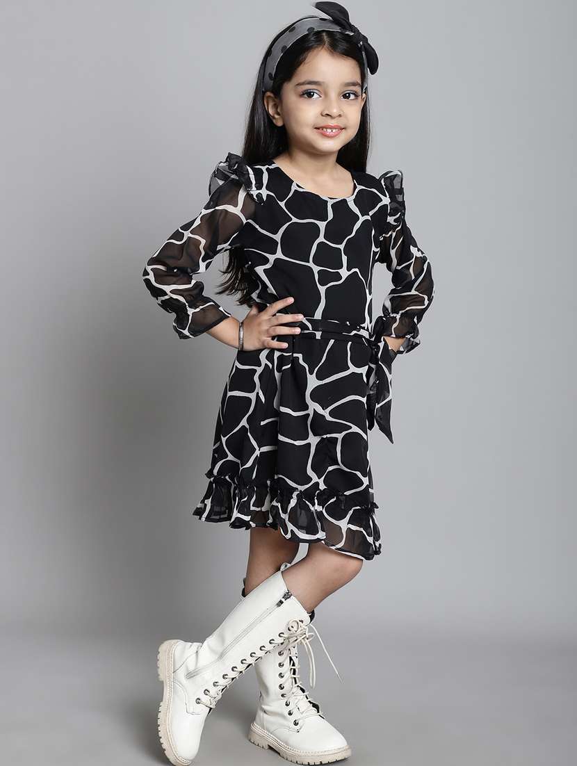 girls black round neck bell sleeve frock - 20396302 -  Standard Image - 1