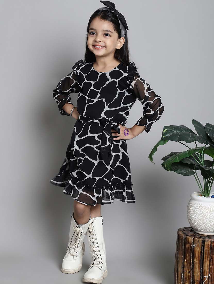 girls black round neck bell sleeve frock - 20396302 -  Standard Image - 4