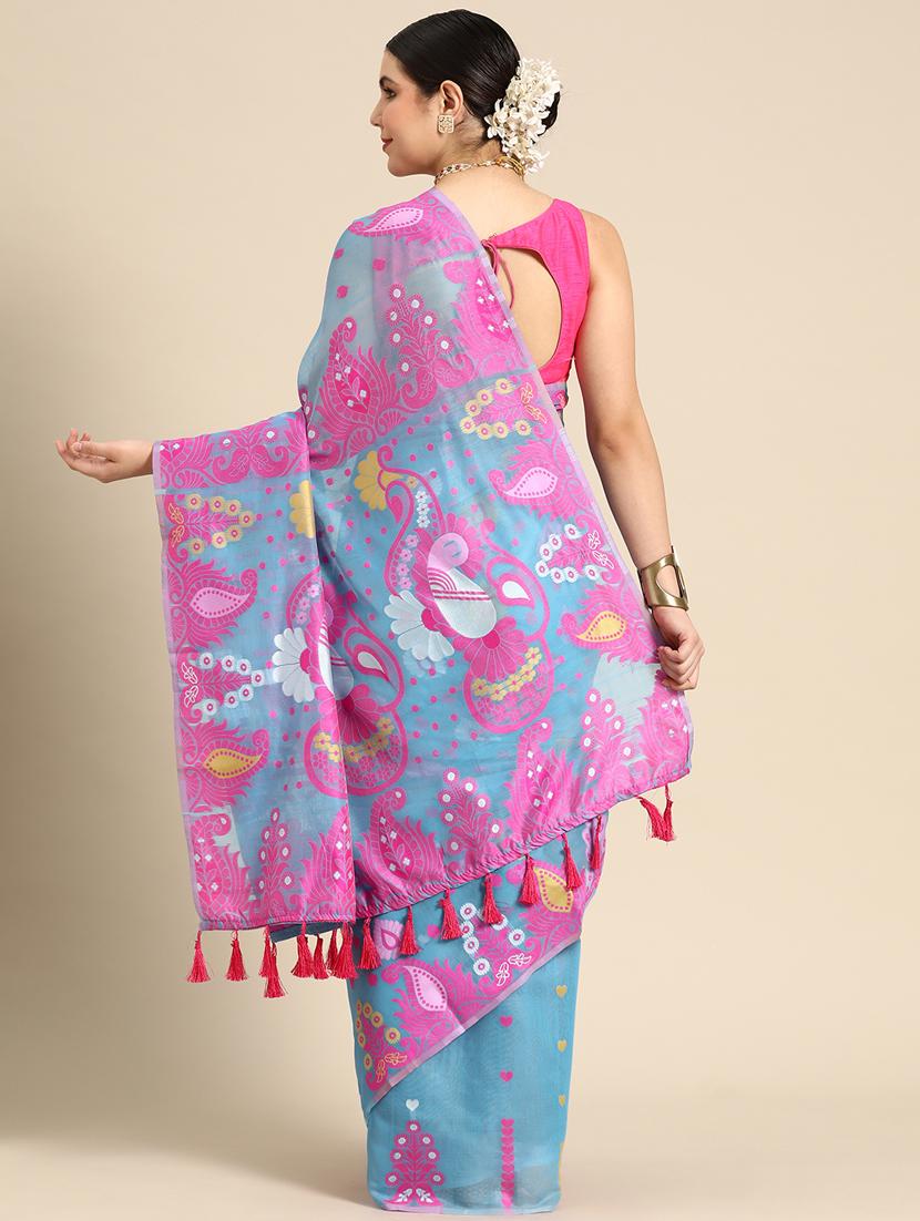 women's printed light blue colored saree - 20396600 - Standard Image - 1