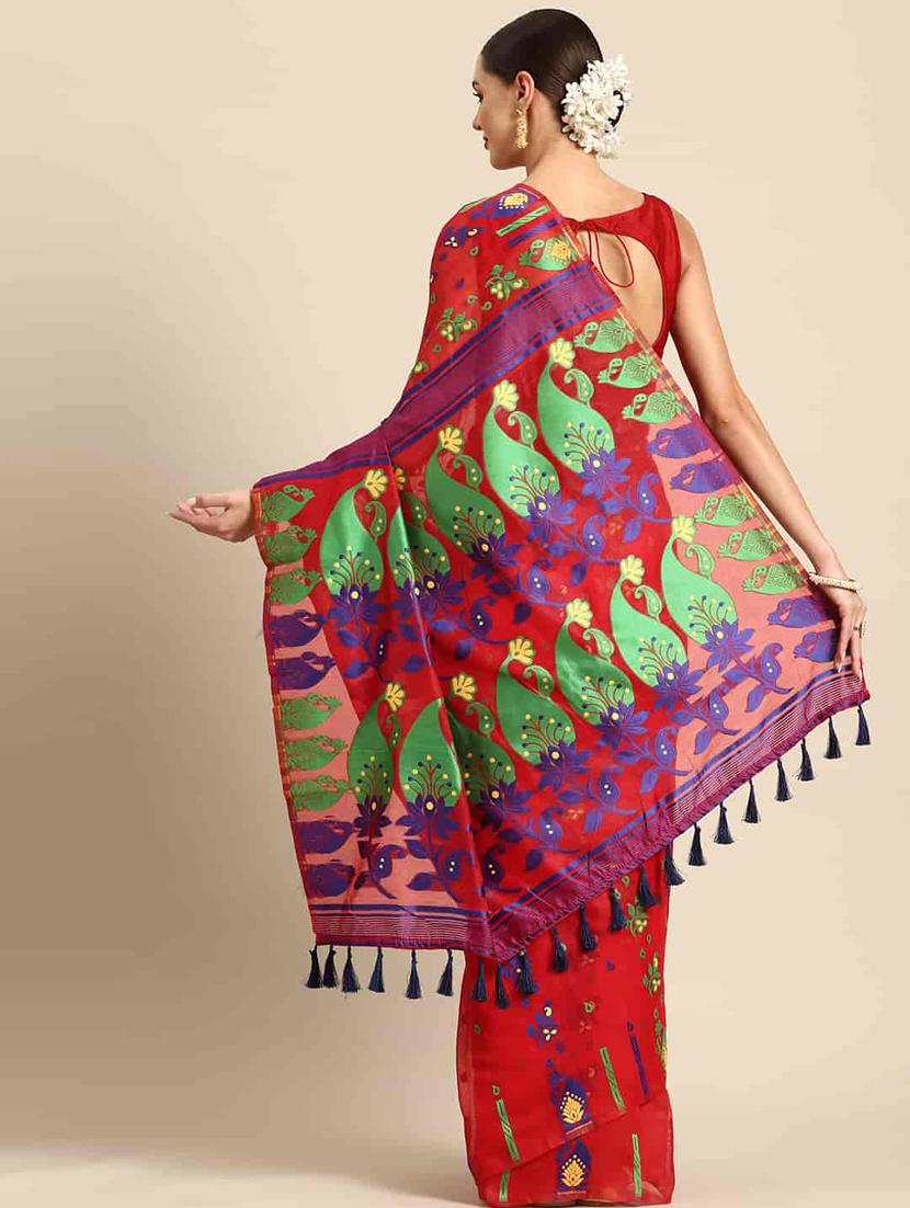 red cotton jamdani saree with blouse - 20396602 - Standard Image - 1