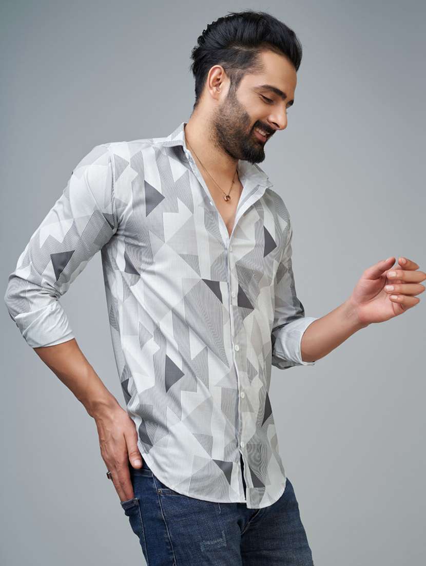 grey geometric print long sleeves casual shirt - 20396637 -  Standard Image - 1