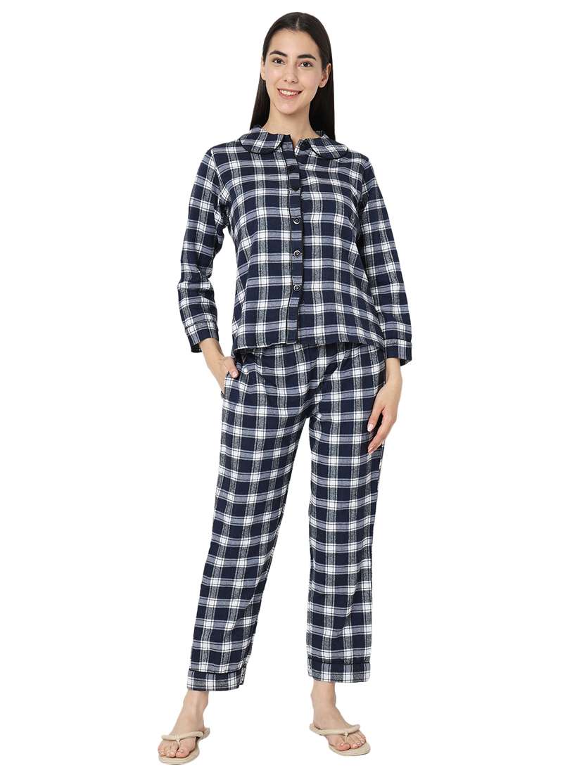 women multi color checkered cotton nightwear pyjama set 