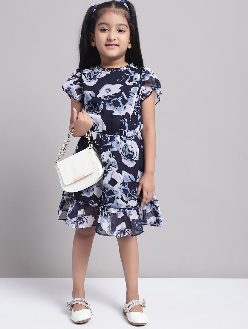 girls navy blue floral short sleeve a-line dress - 20396807 - Standard Image - 1