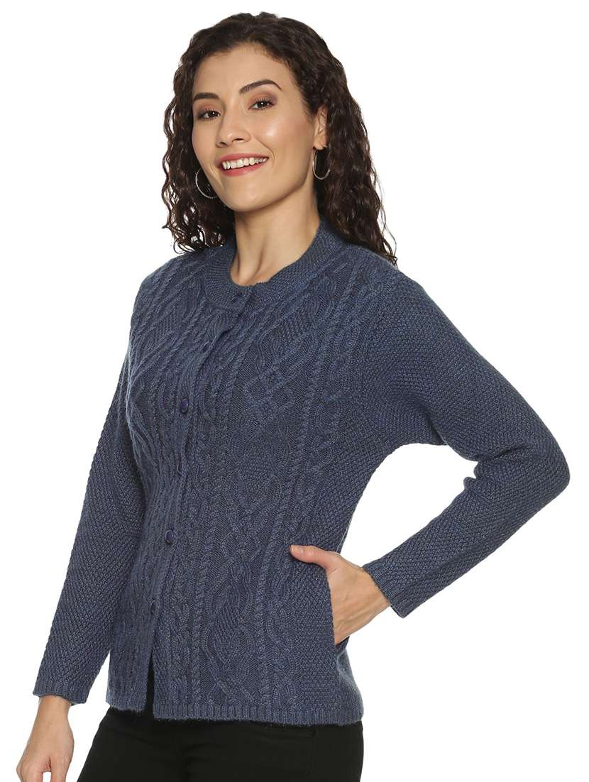  blue neck self design cardigan - 20396853 -  Standard Image - 1