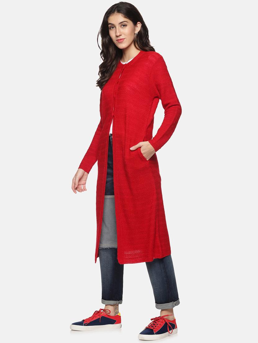 red self designed long sleeves long cardigan - 20396864 - Standard Image - 1