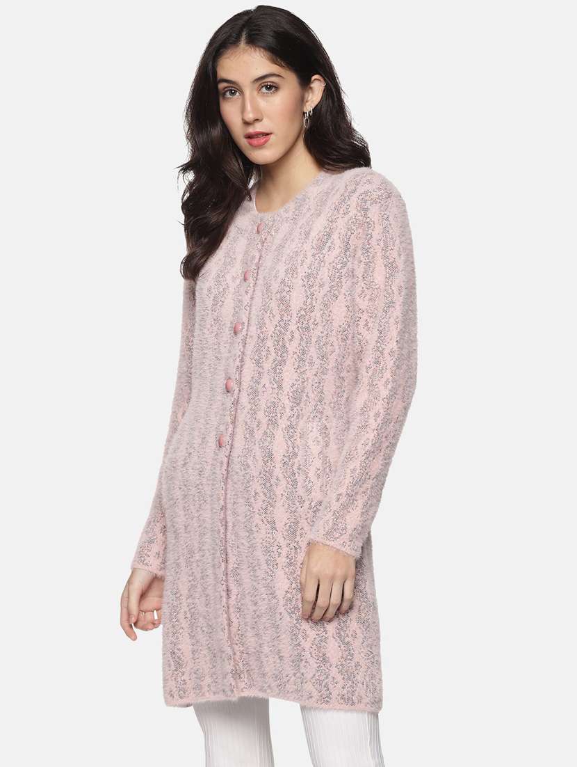 pink self designed long sleeves long cardigan - 20396882 -  Standard Image - 1