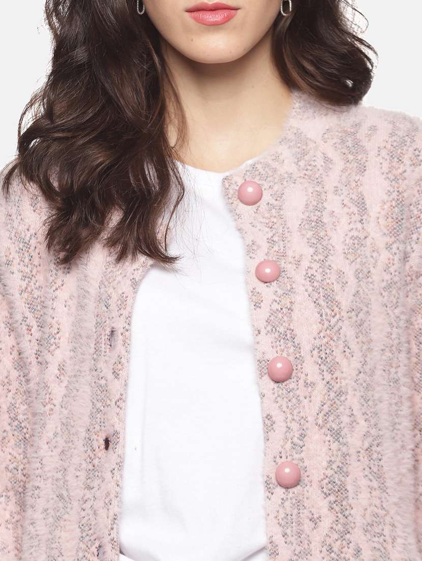 pink self designed long sleeves long cardigan - 20396882 -  Standard Image - 4