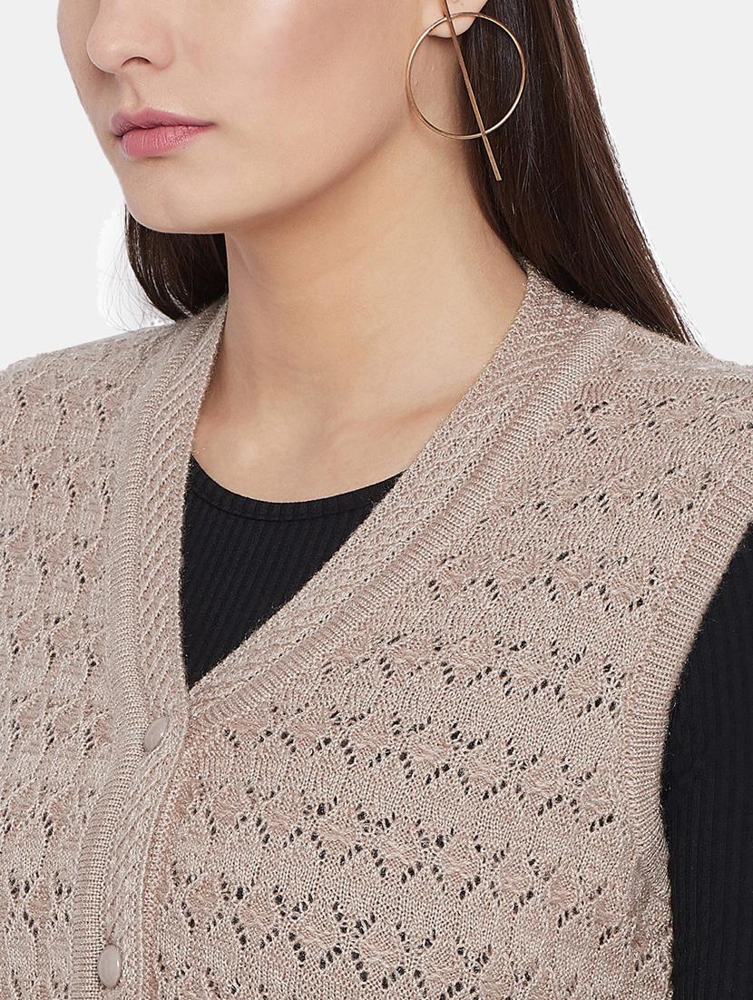 beige self designed sleeveless cardigan - 20396896 - Standard Image - 4